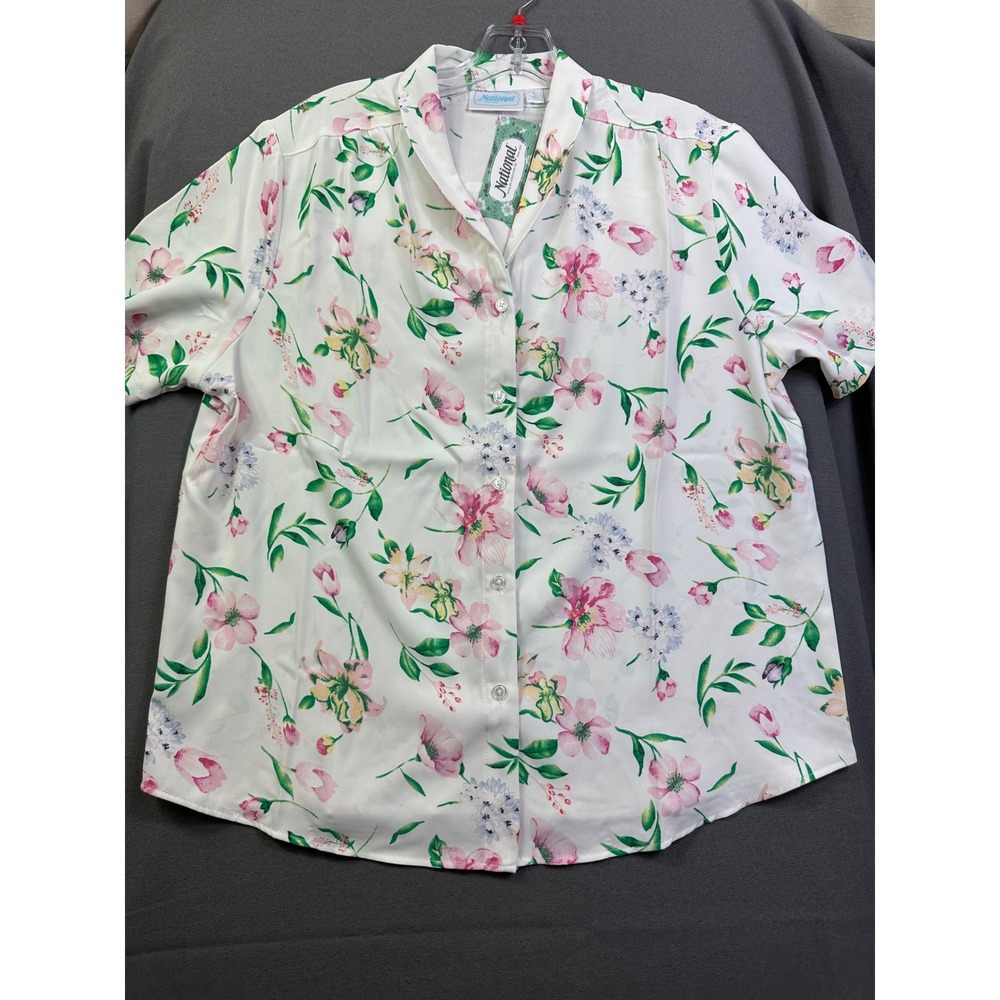 National Floral Button Down Shirt Women Large White Pink Short Sleeve Blouse NWT